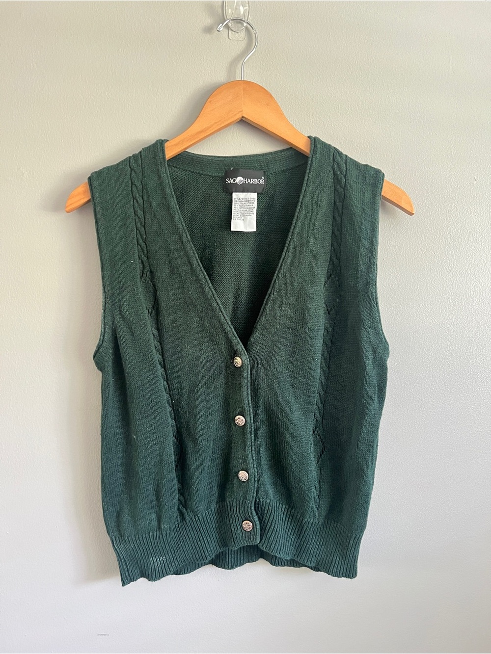 Arbor Women's Dark Green V-Neck Cable-Trim Button Front Sweater Vest